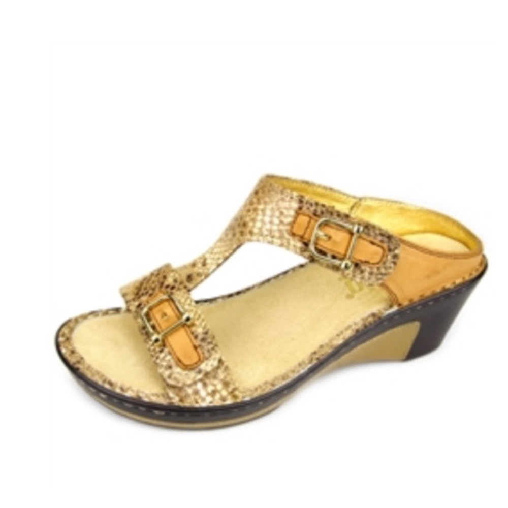 Alegria By PG Lite Lara Metallic Posh Gold Snake Print Leather Platform Sandals